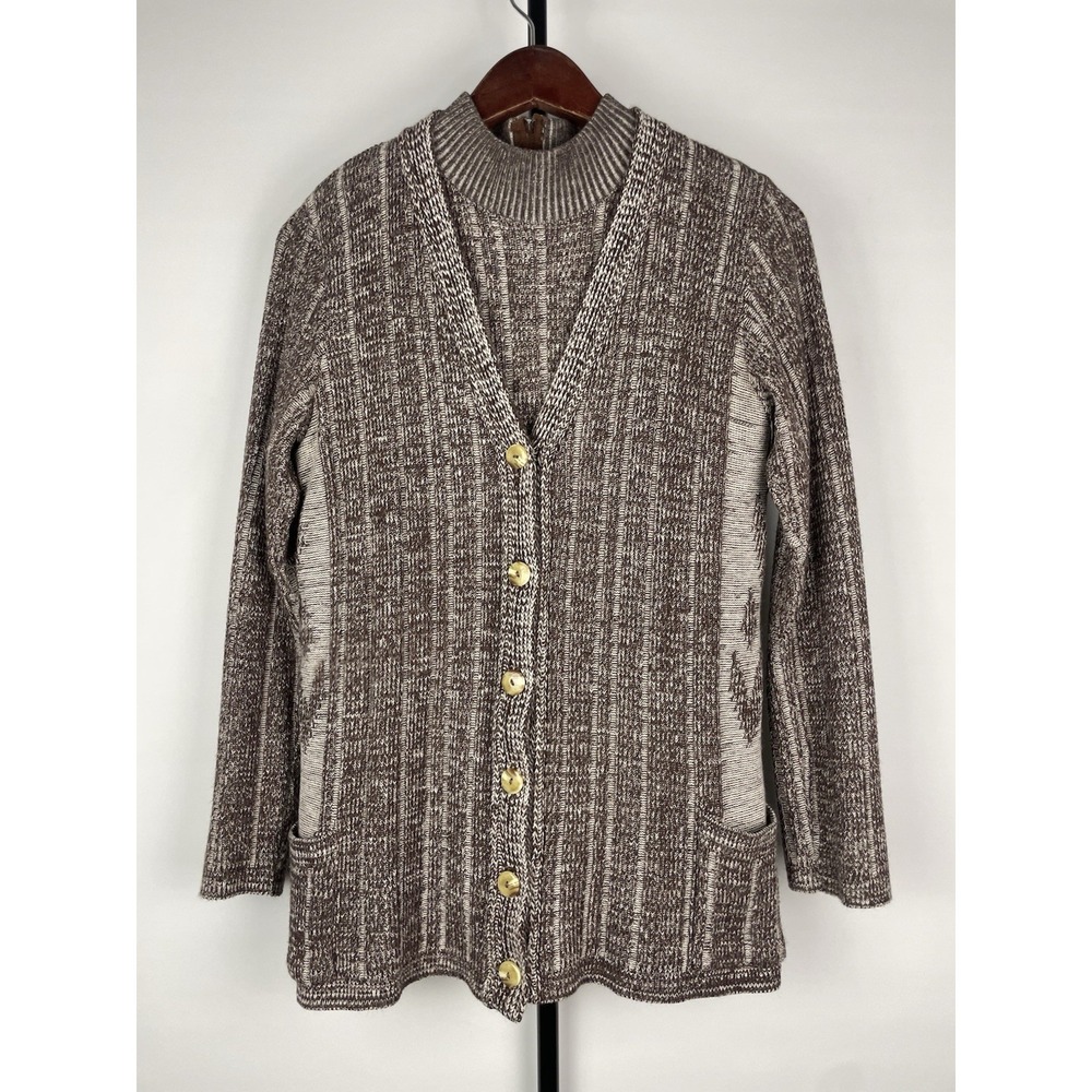 Vtg Leroy Knitwear Brown Neutral Ribbed Cardigan Mock Neck Tank Preppy 70s‎ Set